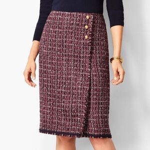 Talbots Women 10 Burgundy Tweed Fringe Hem Button Faux Wrap Pencil Skirt